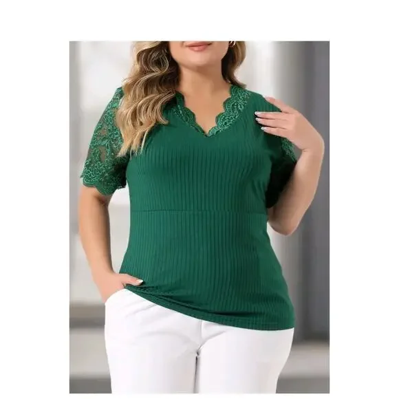 Agnes Orinda Plus Size Top Women V Neck Green Short Sleeve Elegant Lace Sz 3XL - Picture 6 of 9
